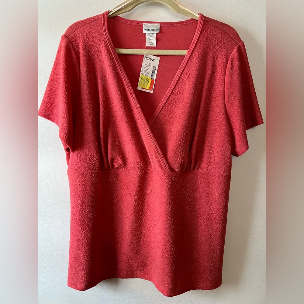 Fashion Bug Womens Top Plus Sz 18/20 Pink Elastic Waist V-Neck Short Sleeve NWT
